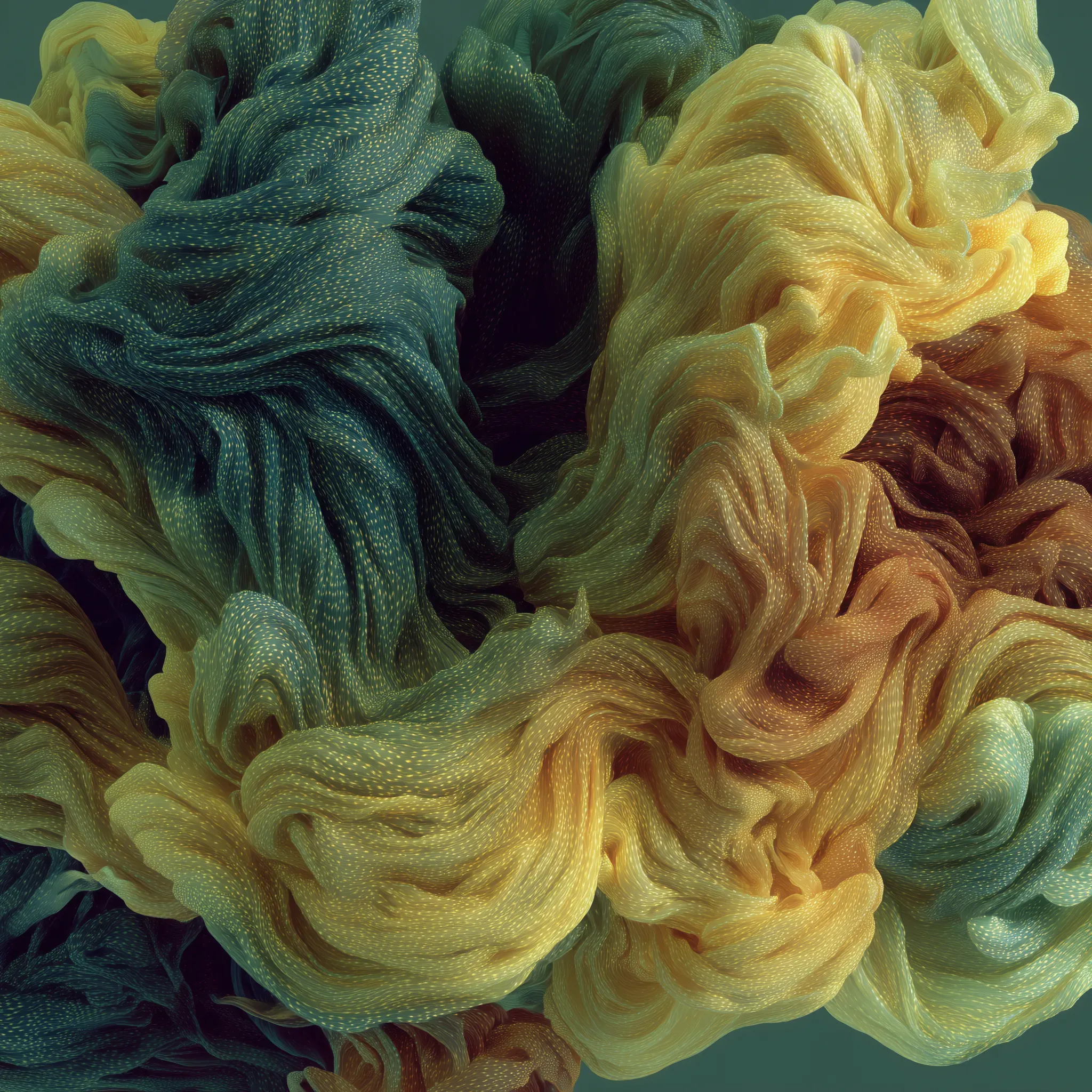 A 3D rendering of flowing colorful fabrics