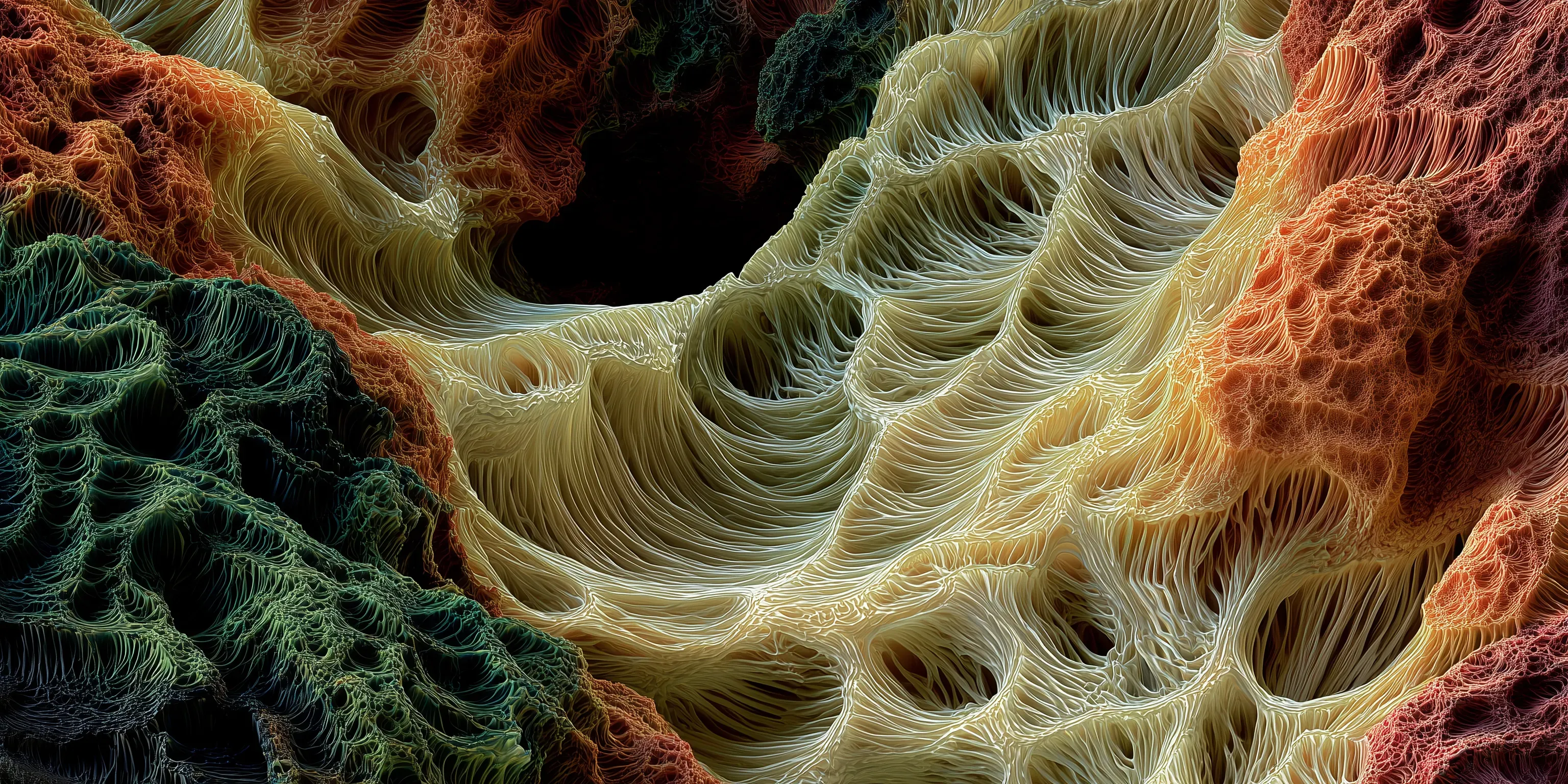 A highly detailed macro image of tangled, fiber-like structures resembling microbial or fermented material. Cream, gold, green, and rust-colored strands weave into porous, flowing surfaces, creating an organic landscape that looks both biological and textile. The scene has soft lighting and intricate depth, evoking the look of lab-grown fibers.