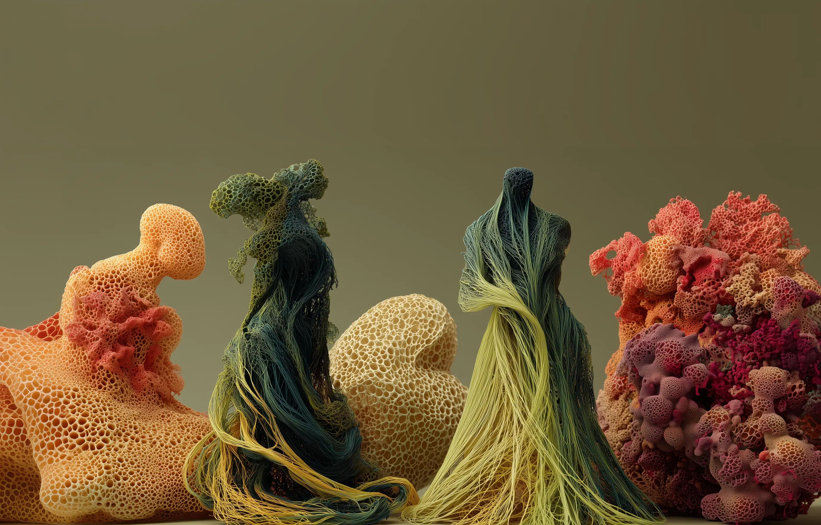 Organic, yarn-like sculptures resembling flowing garments and human silhouettes made of intertwined biopolymer threads in red, yellow, green, and blue hues. The forms appear woven from fungal or protein fibers, blending fashion and biology in a surreal, textile-inspired scene.