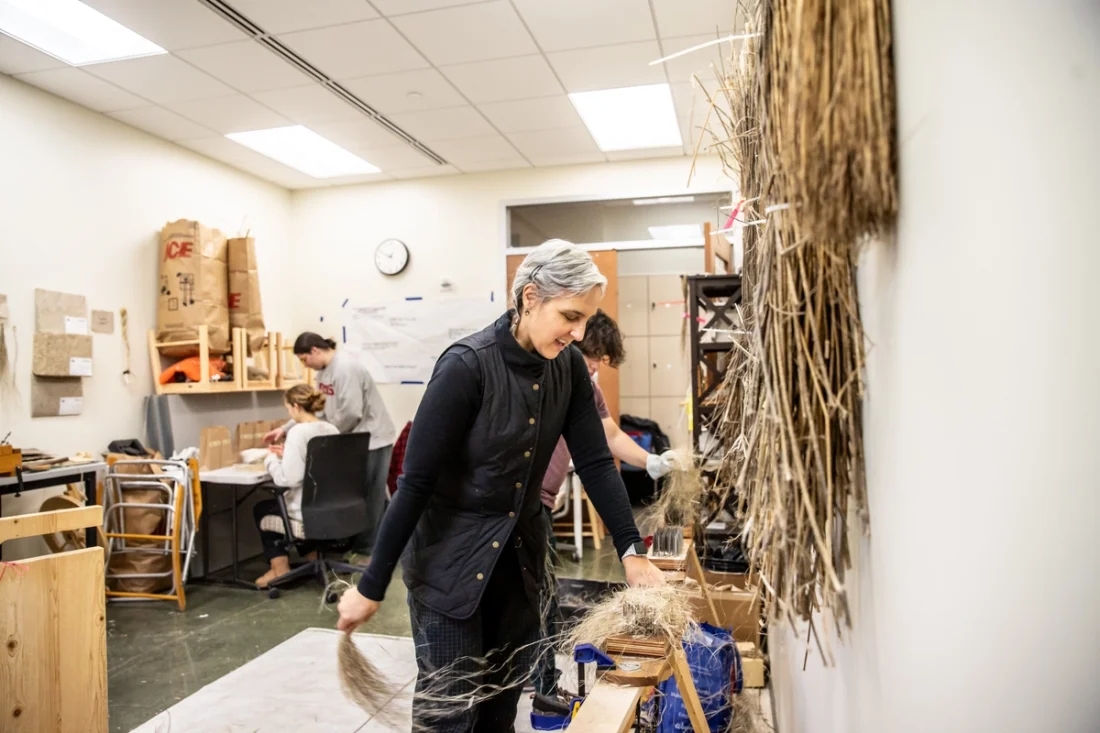 Marianne Fairbanks demonstrates processing hemp