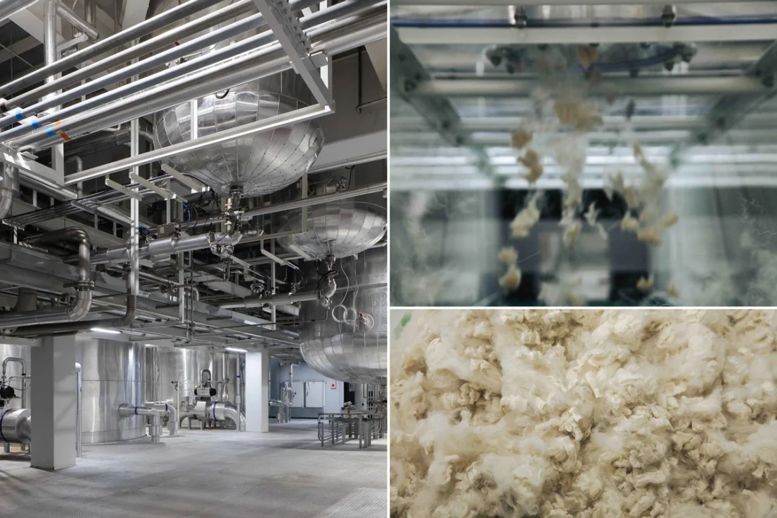 A collage of pictures showing Spiber's Thailand facility, the Brewed Protein crimping process, and the fluffy material that gets turned into yarn.