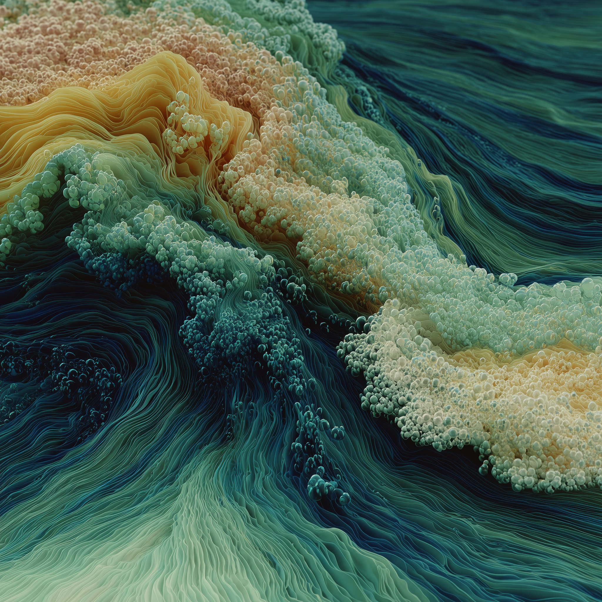 Abstract 3D rendering of flowing organic forms in   teal, turquoise, and gold representing the fluid nature of   biological dye processes